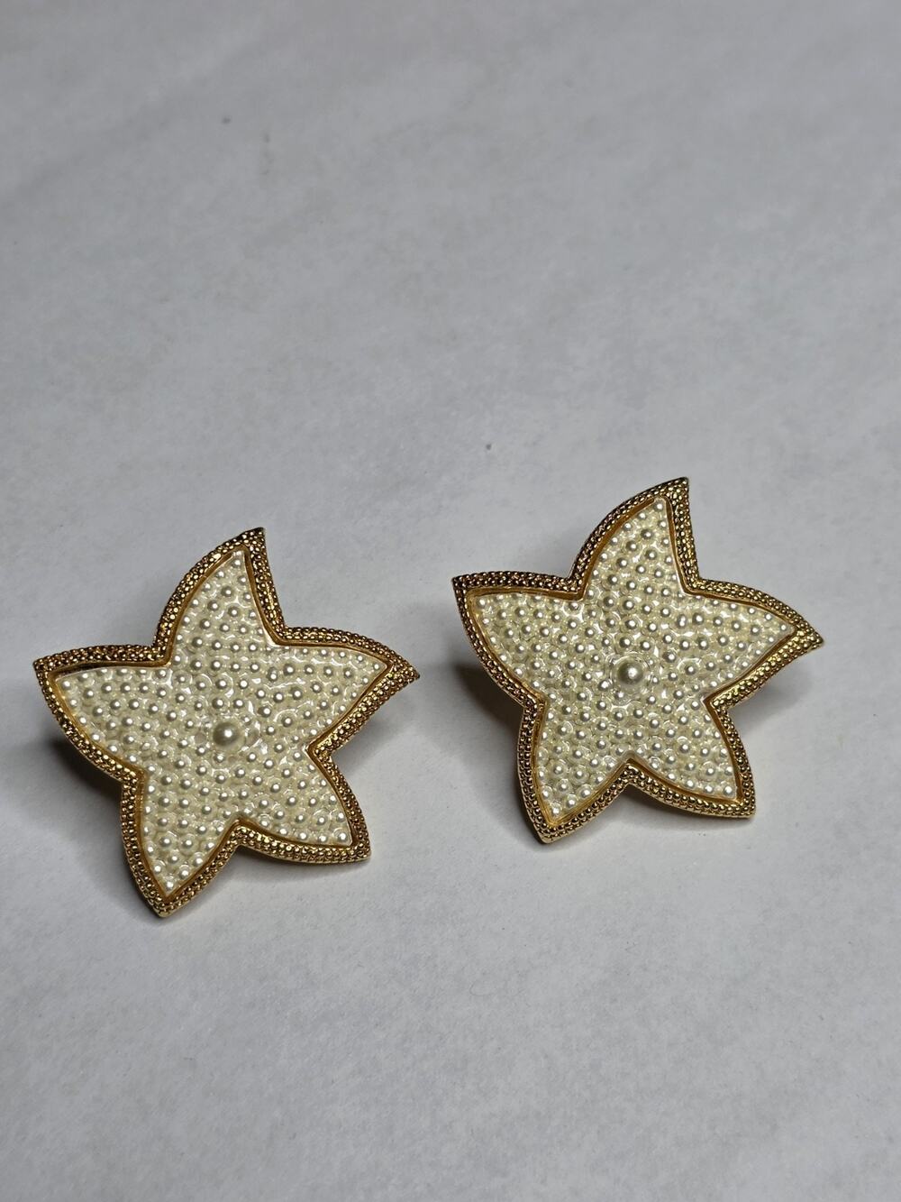 Avon Vintage Star Fish Clip On Earrings 1.25" Brass Faux Pearl
